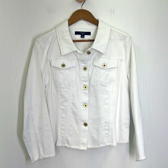 Hilfiger Jeans - White Fringe Gold Button Down Long Sleeve Jean Jacket Size LG - Picture 9 of 12